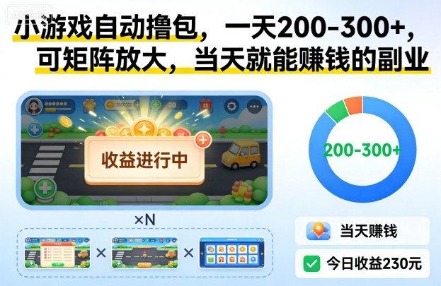 小游戏自动撸包，一天200-300+，可矩阵放大，当天就能賺钱的副业【揭秘】-hcnxn