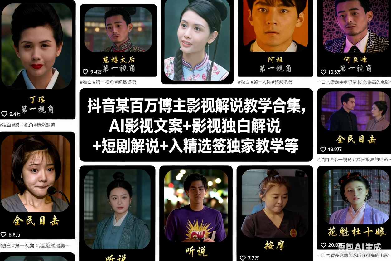 抖音某百万博主影视解说教学合集，AI影视文案+影视独白解说+短剧解说+入精选签独家教学等-hcnxn