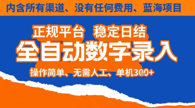 全自动数字录入，单机日入3张+，内含所有渠道全程免费零成本，操作简单可矩阵开干【揭秘】-hcnxn