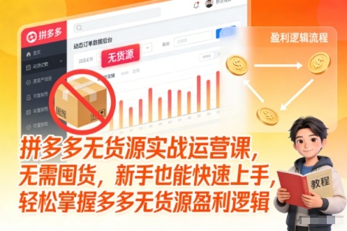 拼多多无货源实战运营课，无需囤货，新手也能快速上手，轻松掌握多多无货源盈利逻辑-hcnxn