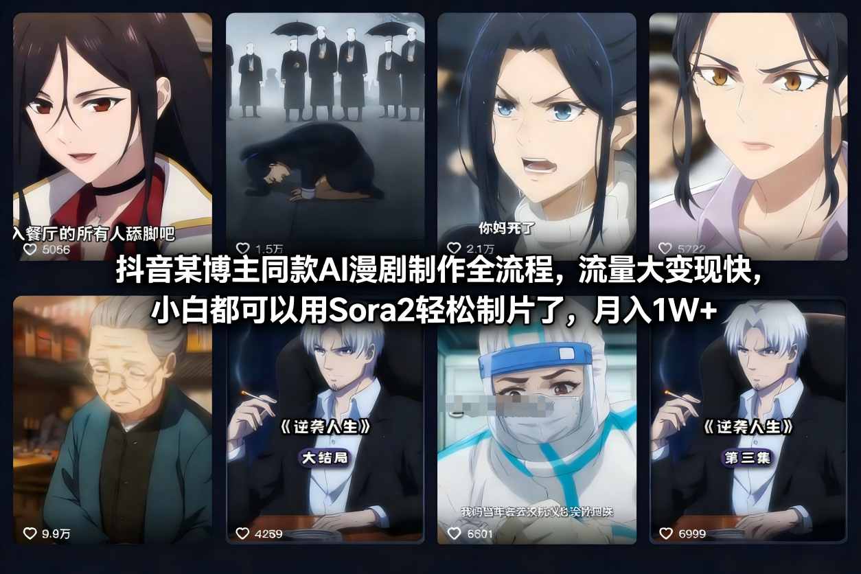 抖音某博主同款AI漫剧制作全流程，流量大变现快，小白都可以用Sora2轻松制片了，月入1W+-hcnxn