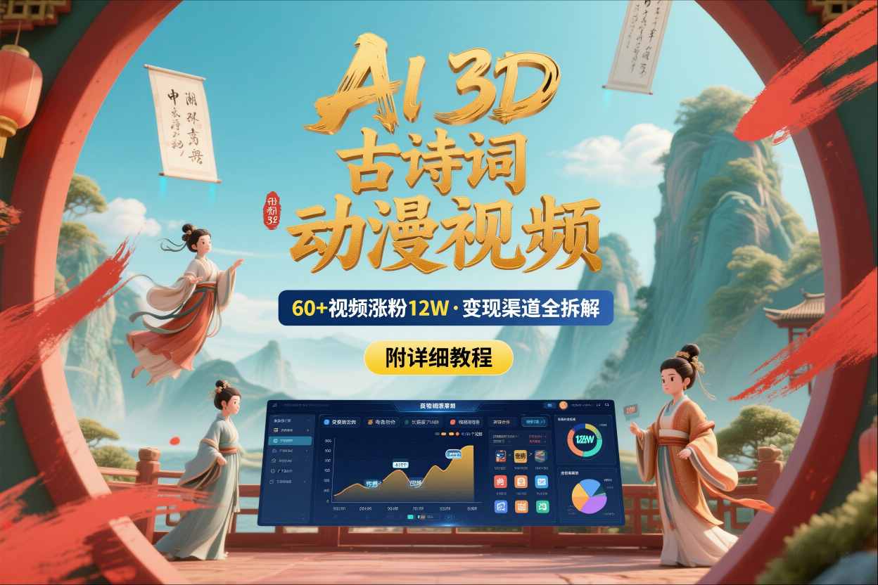 AI制作3D古诗词动漫视频，60多个视频涨粉12W，多个变现渠道拆解【附详细教程】-hcnxn