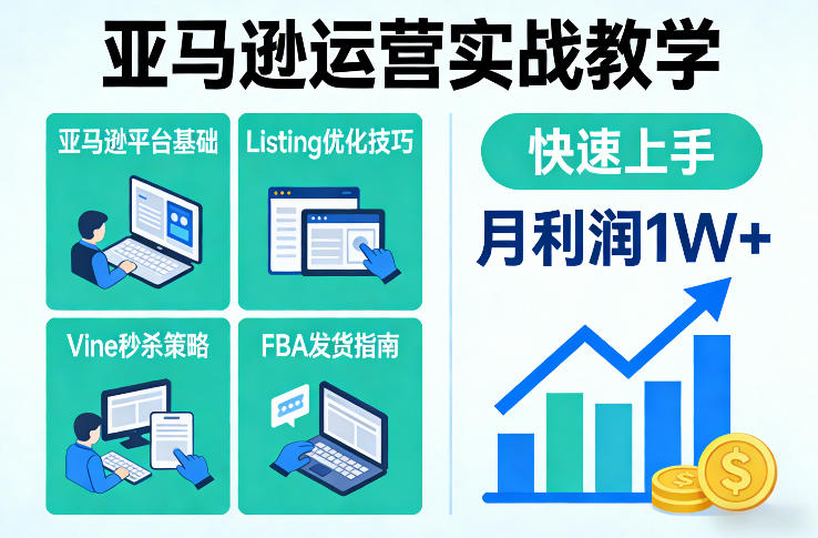 亚马逊运营实战教学，亚马逊平台+Listing优化+Vine秒杀+FBA发货等，快速上手，实现店铺月利润1W-hcnxn