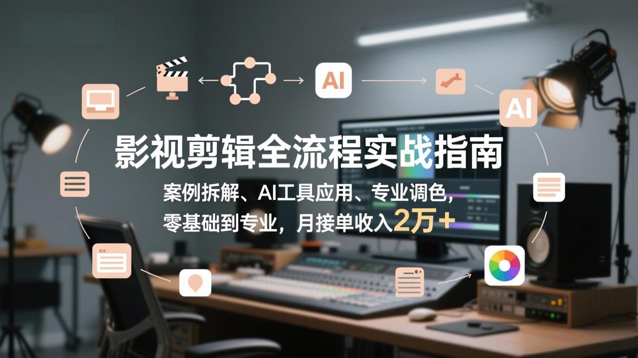 影视剪辑全流程实战指南，案例拆解、AI工具应用、专业调色，零基础到专业，月接单收入2万+-hcnxn