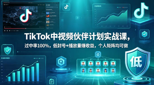 TikTok中视频伙伴计划实战课，过中率100%，低封号+播放量賺收益，个人矩阵均可做-hcnxn