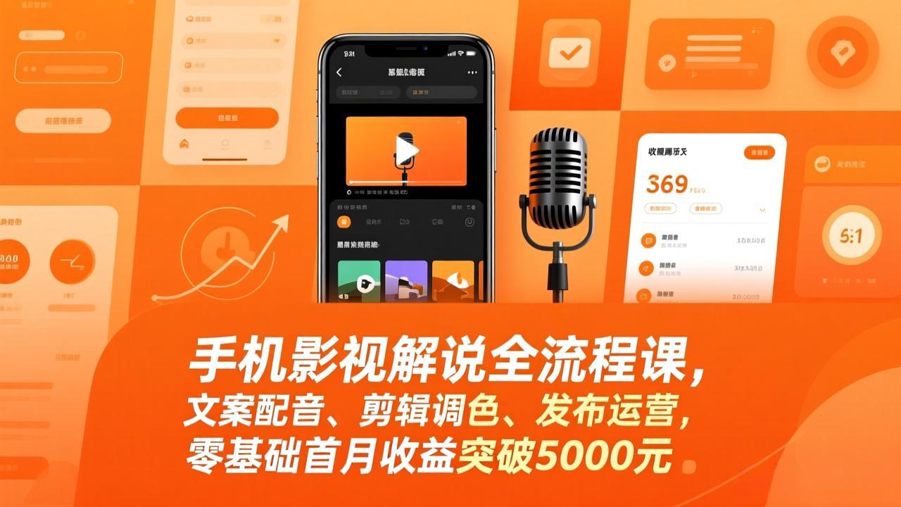 手机影视解说全流程课，文案配音、剪辑调色、发布运营，零基础首月收益突破5000元-hcnxn