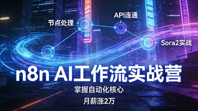 n8n AI工作流实战营，节点处理+API连通+Sora2实战，掌握自动化核心月薪涨2万-hcnxn