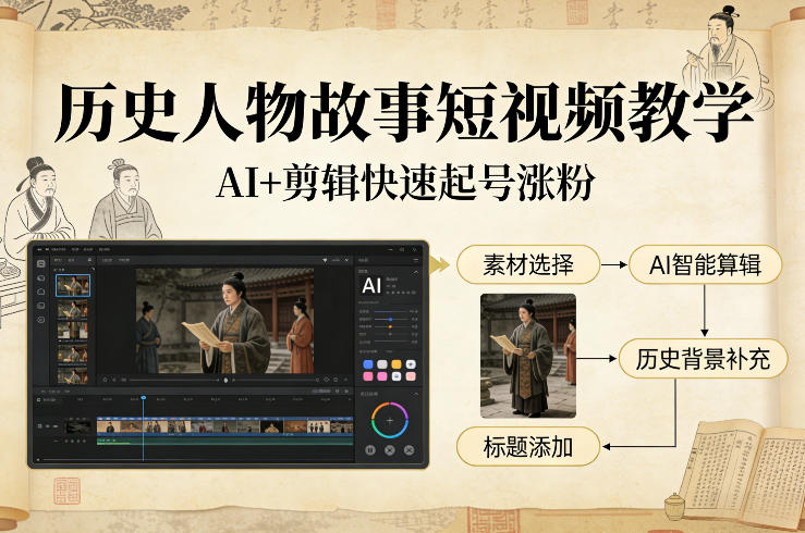 历史人物故事短视频教学，AI+剪辑制作历史人物题材短视频，快速起号涨粉-hcnxn