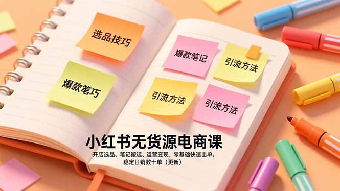 小红书无货源电商课，开店选品、笔记搬运、运营变现，零基础快速出单，稳定日销数十单(更新-hcnxn