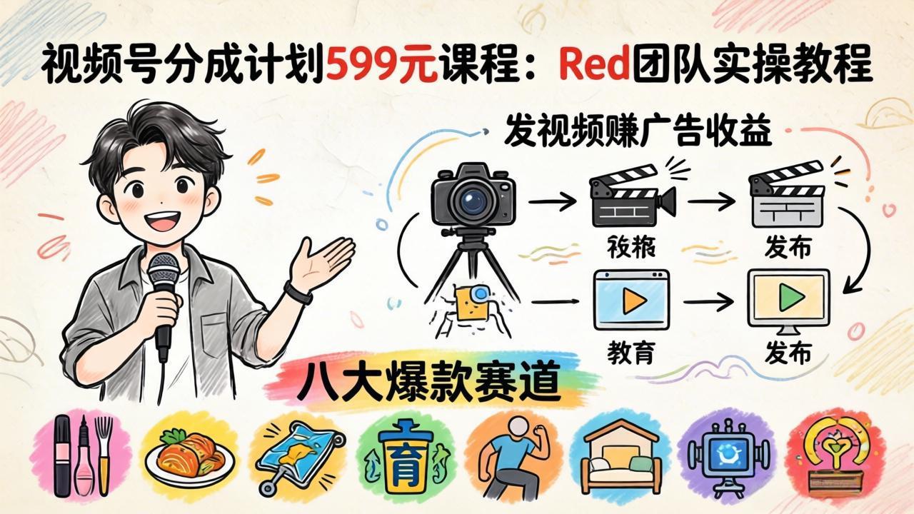 视频号分成计划599元课程：Red团队实操教程，发视频赚广告收益，八大爆款赛道全掌握-hcnxn