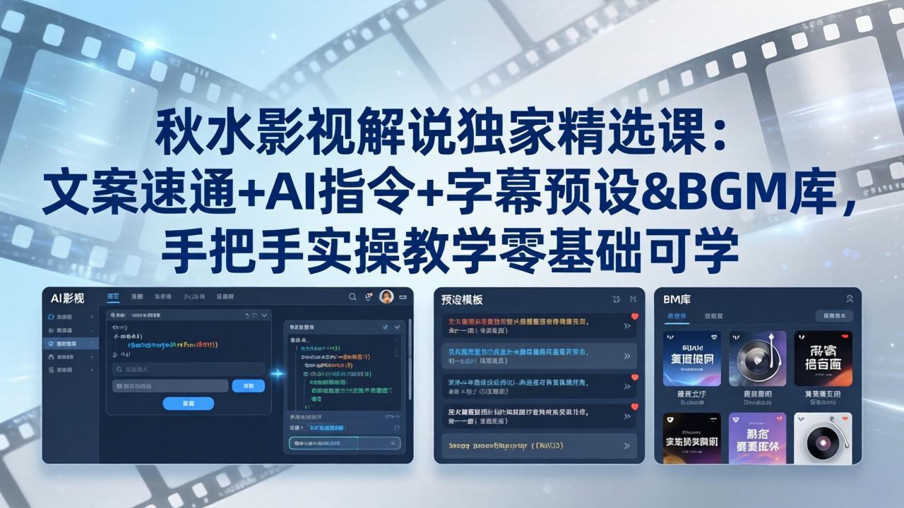 秋水影视解说独家精选课：文案速通+AI指令+字幕预设+BGM库，手把手实操教学零基础可学-hcnxn