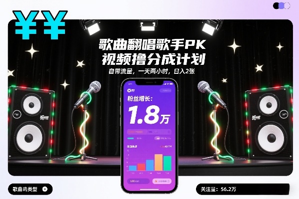 歌曲翻唱歌手PK视频撸分成计划，自带流量，一天两小时，日入2张-hcnxn