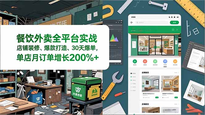 餐饮外卖全平台实战，店铺装修、爆款打造、30天爆单，手把手教学，单店月订单增长200%+-hcnxn