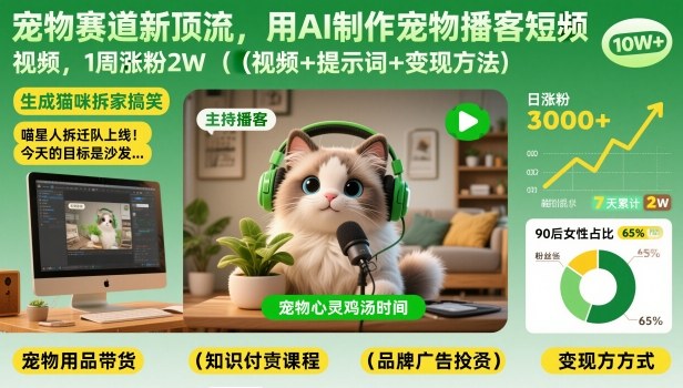 宠物赛道新顶流，用AI制作宠物播客短视频，1周涨粉2W(视频+提示词+变现方法)-hcnxn