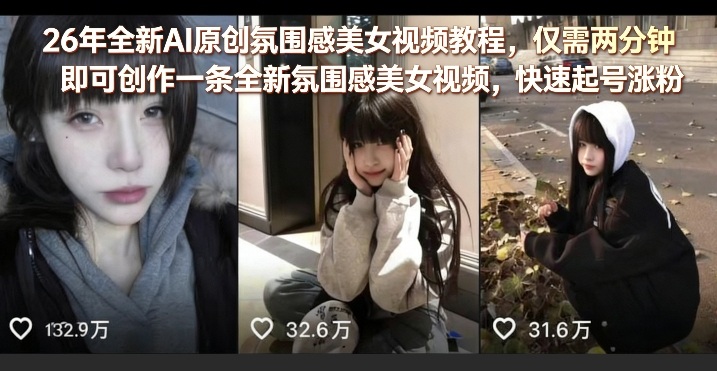 26年全新AI原创氛围感美女视频教程，仅需两分钟即可创作一条全新氛围感美女视频，快速起号涨粉-hcnxn