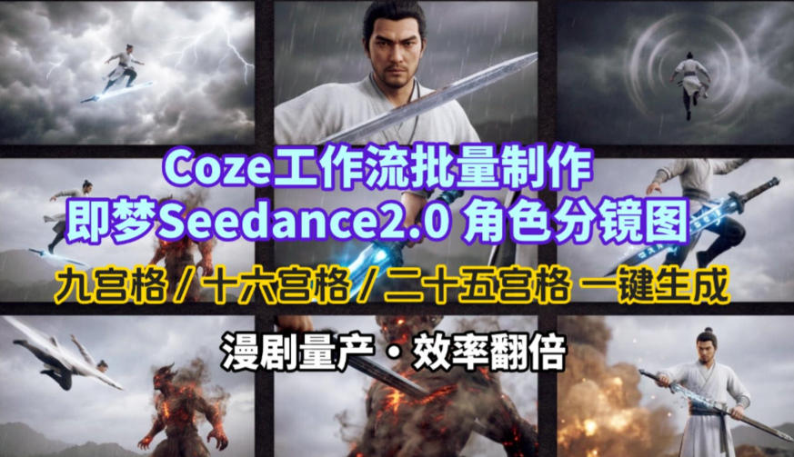 Coze工作流批量制作即梦Seedance2.0角色分镜图，九宫格-十六宫格-二十五宫格一键生成，漫剧量产，效率翻倍-hcnxn