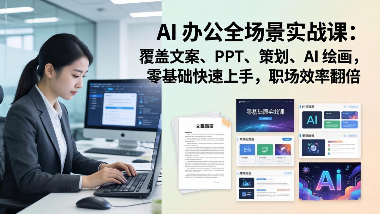 AI 办公全场景实战课：覆盖文案、PPT、策划、AI 绘画，零基础快速上手，职场效率翻倍-hcnxn