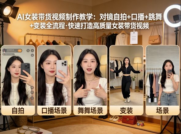 AI女装带货视频制作教学，对镜自拍、口播、跳舞、变装全流程，快速打造高质量女装带货视频-hcnxn