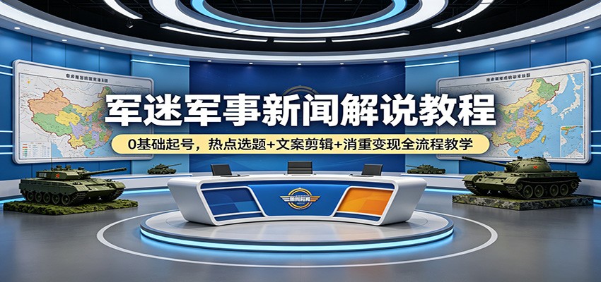 军迷军事新闻解说教程：0基础起号，热点选题+文案剪辑+消重变现全流程教学-hcnxn