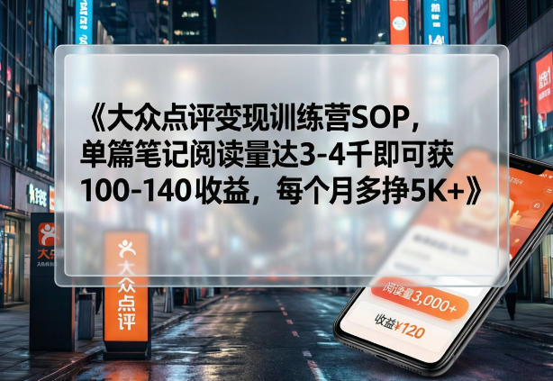 大众点评变现训练营SOP，单篇笔记阅读量达3-4千即可获100-140收益，每个月多挣5K+-hcnxn