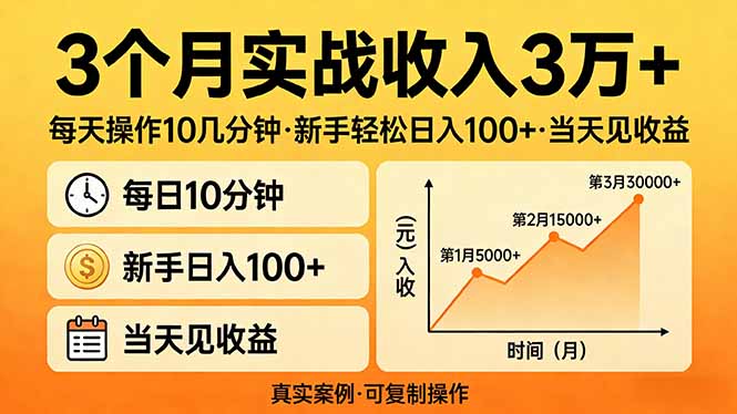 3个月实战收入3万+，每天操作10几分钟，新手轻松日入100+，当天见收益-hcnxn