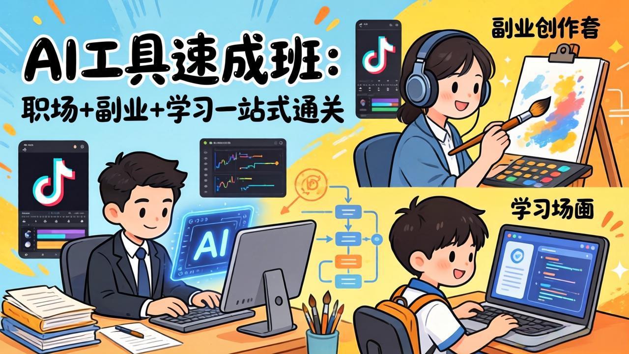 AI工具速成班：职场+副业+学习一站式通关，20+爆款类型+剪映技巧+抖音算法，0基础快速上手-hcnxn