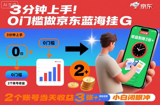 3分钟上手！0门槛做京东蓝海全自动掘金，2个账号当天收益3张+，小白闭眼冲【揭秘】-hcnxn