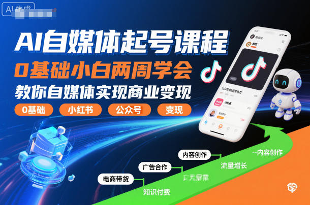 AI自媒体起号课程，0基础小白两周学会，教你自媒体实现商业变现-hcnxn