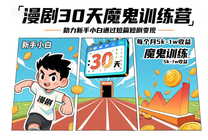 漫剧30天魔鬼训练营，助力新手小白通过短篇短剧变现，每个月5k-1w收益-hcnxn