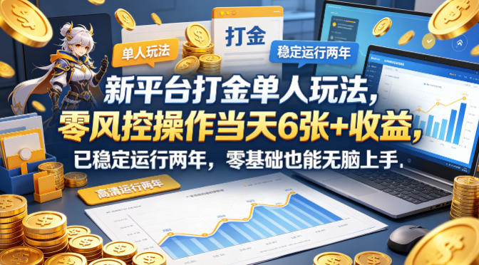 新平台打金单人玩法，零风控操作当天6张+收益，已稳定运行两年，零基础也能无脑上手【揭秘】-hcnxn