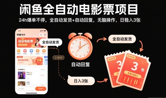 闲鱼全自动电影票项目，24h爆单不停，全自动发货+自动回复，无脑操作，日稳入3张【揭秘】-hcnxn