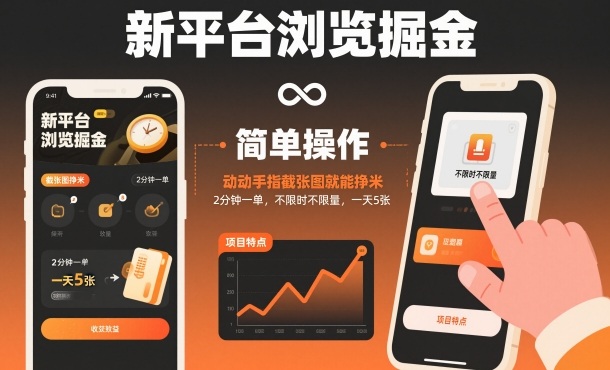 新平台浏览掘金，动动手指截张图就能挣米，2分钟一单，不限时不限量，一天5张【揭秘】-hcnxn