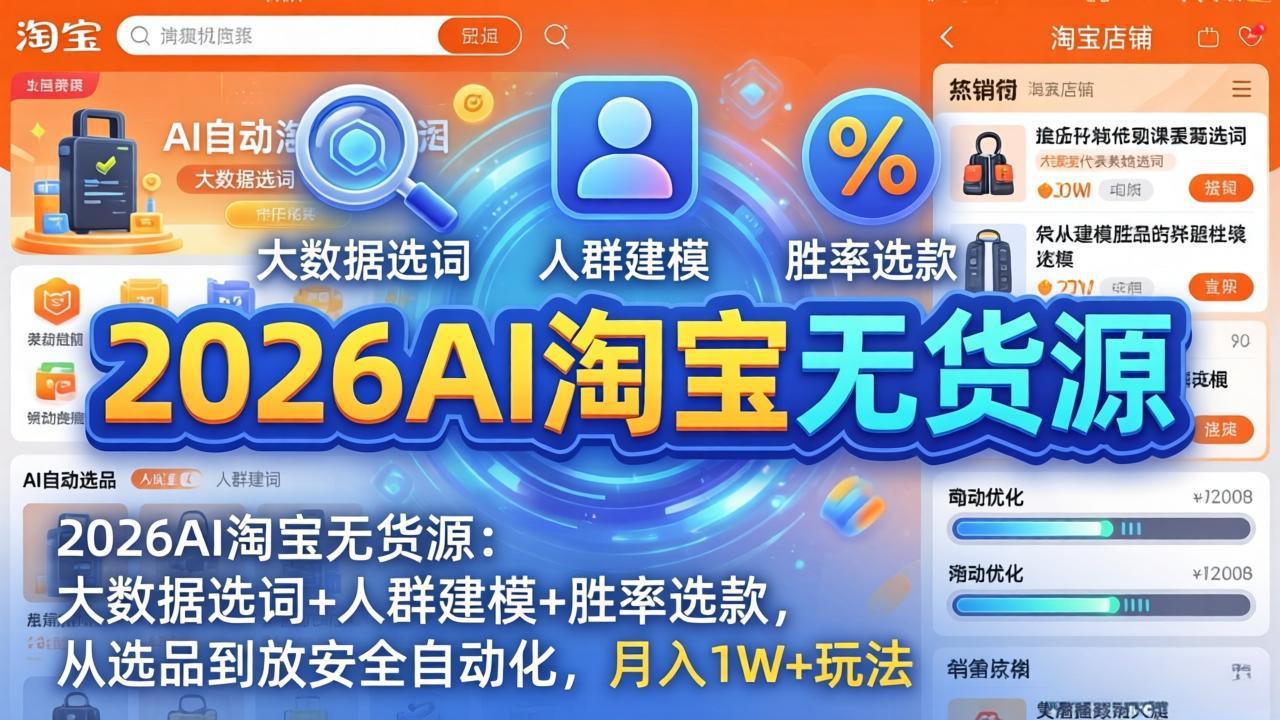 2026AI淘宝无货源：大数据选词+人群建模+胜率选款，从选品到放大全自动化，月入1W+玩法-hcnxn