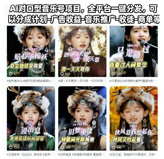 AI对口型音乐号项目，全平台一键分发，可以分成计划-广告收益-音乐推广-收徒-商单等-hcnxn