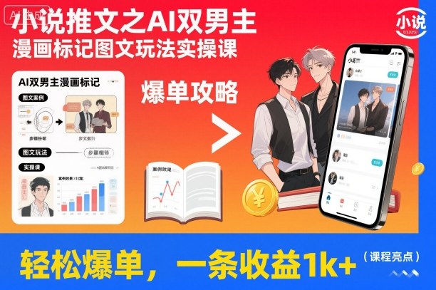 小说推文之AI双男主漫画标记图文玩法实操课，轻松爆单，一条收益1k+-hcnxn