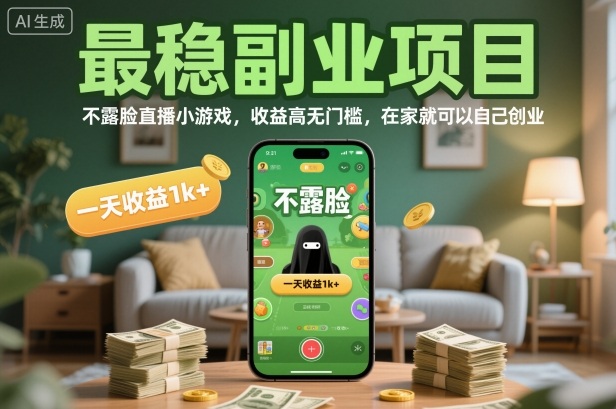 最稳副业项目，不露脸直播小游戏，收益高无门槛，一天收益1k+，在家就可以自己创业【揭秘】-hcnxn