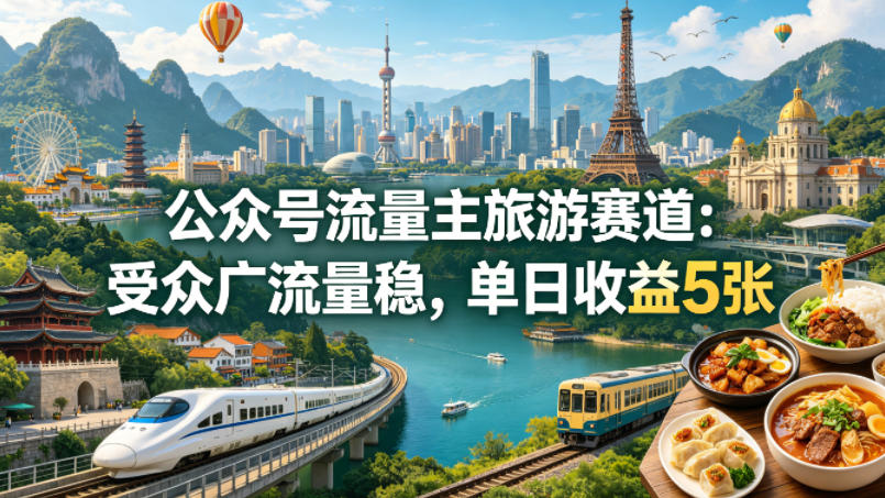 公众号流量主之旅游赛道，受众广+流量稳，平均单日收益5张+-hcnxn
