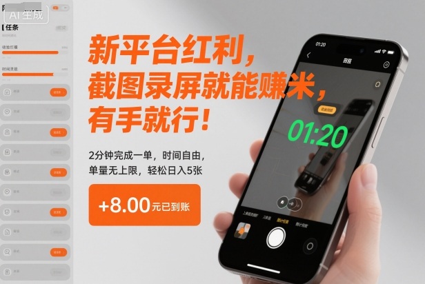 新平台红利，截图录屏就能賺米，有手就行！2分钟完成一单，时间自由，单量无上限，轻松日入5张【揭秘】-hcnxn