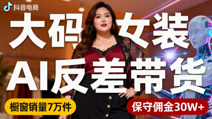 抖音小众赛道，大码女装AI反差带货，不用直播，每天6条作品，橱窗卖7万件，保守佣金30W+-hcnxn