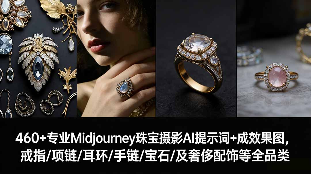 460+专业Midjourney珠宝摄影AI提示词+成效果图，戒指/项链/耳环/手链/宝石/及奢侈配饰等全品类-hcnxn