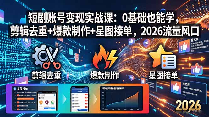 短剧账号变现实战课：0基础也能学，剪辑去重+爆款制作+星图接单，2026流量风口-hcnxn