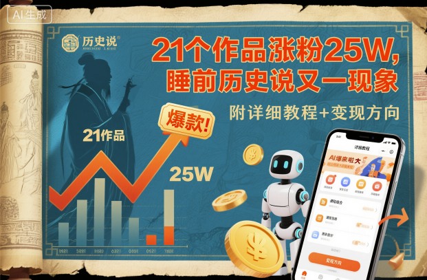 21个作品涨粉25W，睡前历史说又一现象级AI内容大爆款来啦，附详细教程+变现方向-hcnxn