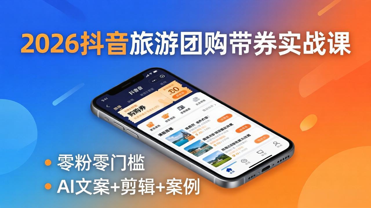 2026抖音旅游团购带券实战课：零粉零门槛，AI文案+剪辑+案例，躺着赚门票佣金-hcnxn