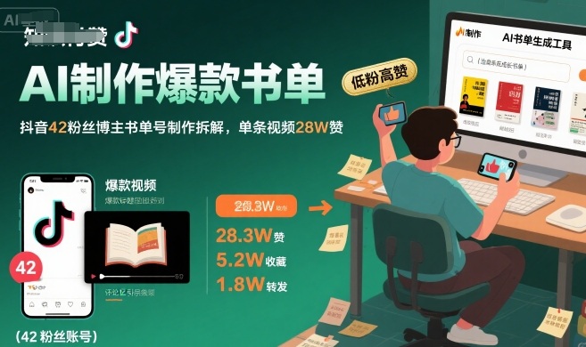AI制作爆款书单，抖音42粉丝博主书单号制作拆解，单条视频28W赞-hcnxn