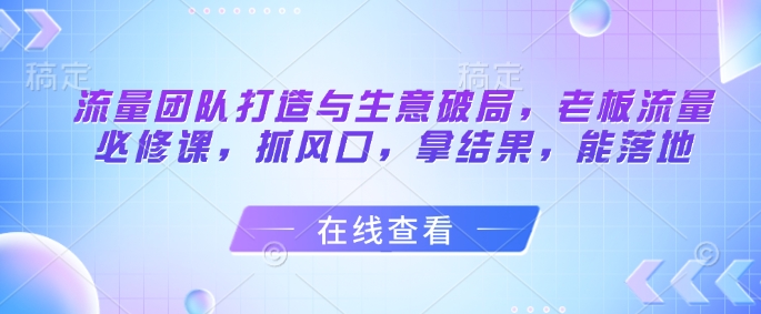流量团队打造与生意破局，老板流量必修课，抓风口，拿结果，能落地-hcnxn