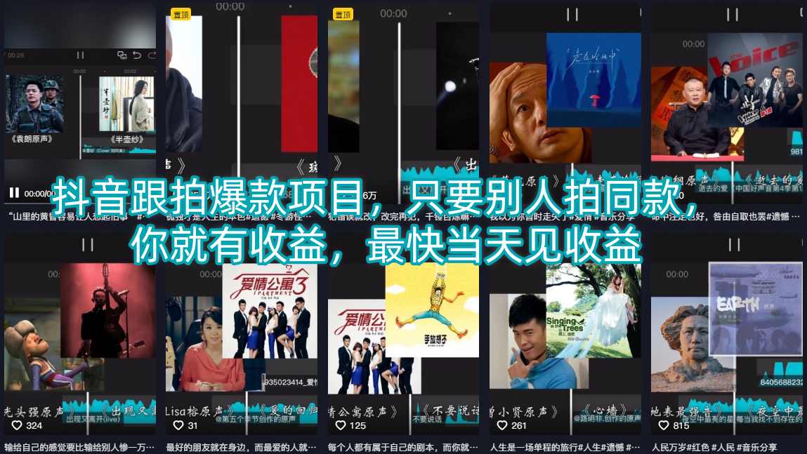 抖音跟拍爆款项目，只要别人拍同款，你就有收益，最快当天见收益-hcnxn