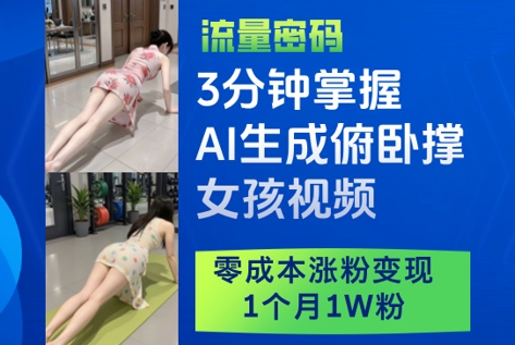 3分钟掌握AI生成俯卧撑女孩视频，零成本涨粉变现，1个月1W粉-hcnxn