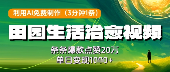 利用AI免费制作田园生活治愈视频，条条爆款点赞20W，单日变现几张-hcnxn