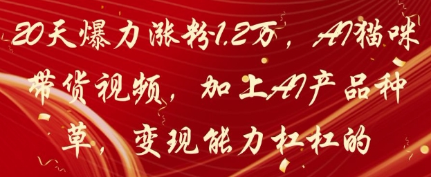 20天爆力涨粉1.2W，AI猫咪带货视频，加上AI产品种草，变现能力杠杠的-hcnxn