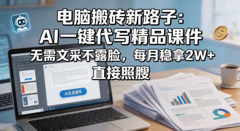 电脑搬砖新路子：AI一键代写精品课件，无需文采不露脸，每月稳拿2W+，直接照搬-hcnxn